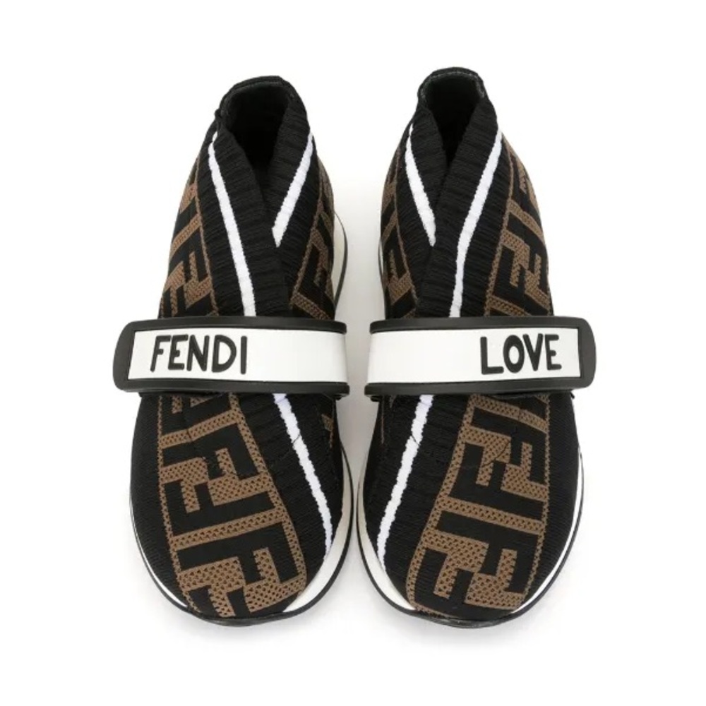 NEW W/ RECEIPT Fendi Kids Toddler Black Brown Logo Strap Sneakers IT25/US 10